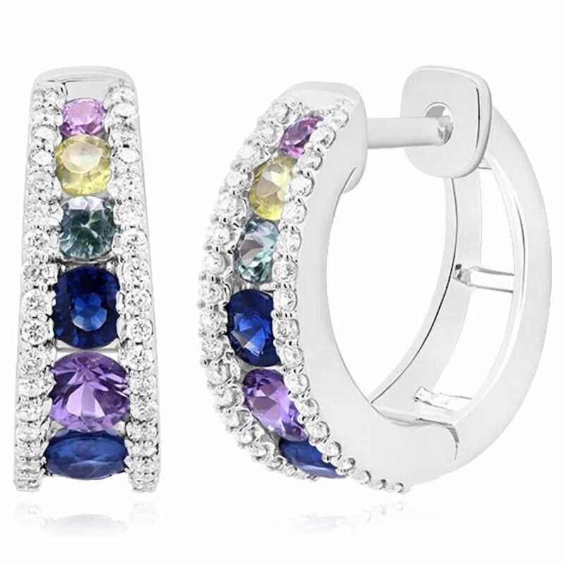 1.80CTW Real Diamond & Multicolor Sapphire 14K White Gold Hoop Earrings