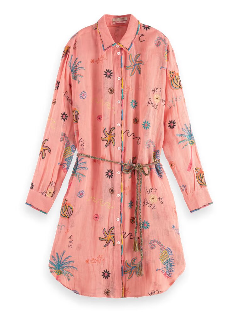 Oversized Shirt Dress With Multicolor Embroidery