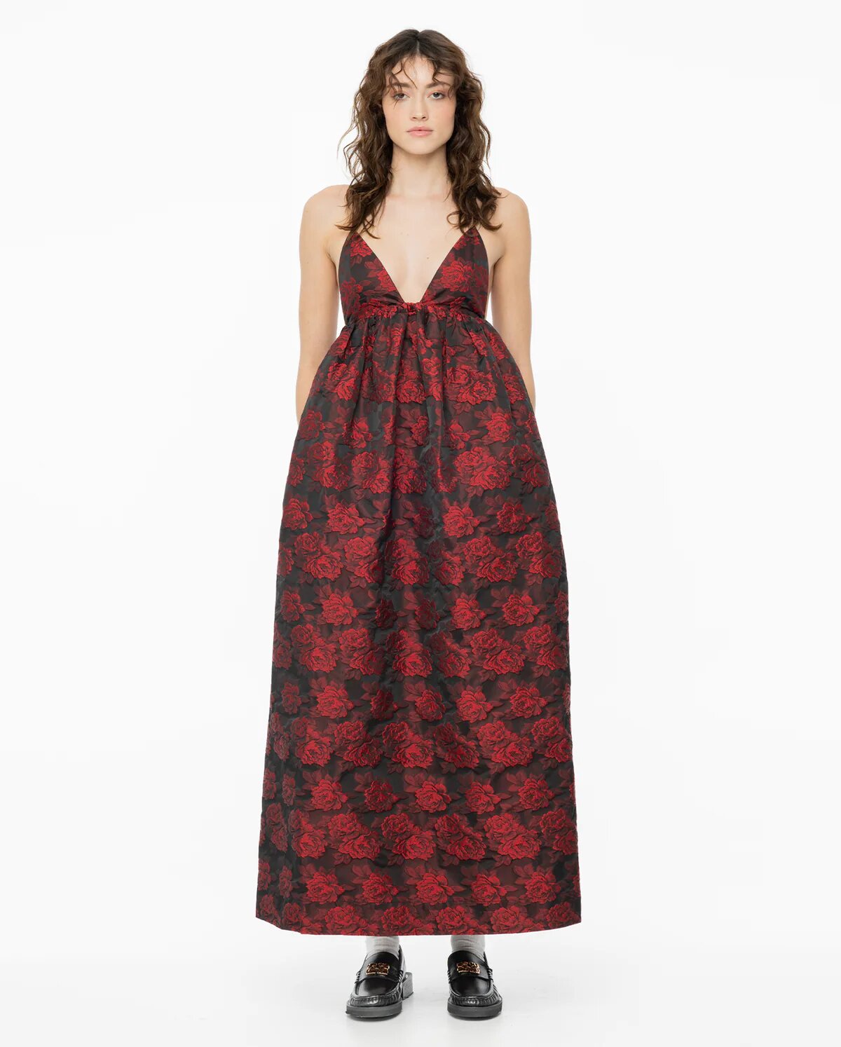 Botanical Jacquard Long Strap Dress High Risk Red