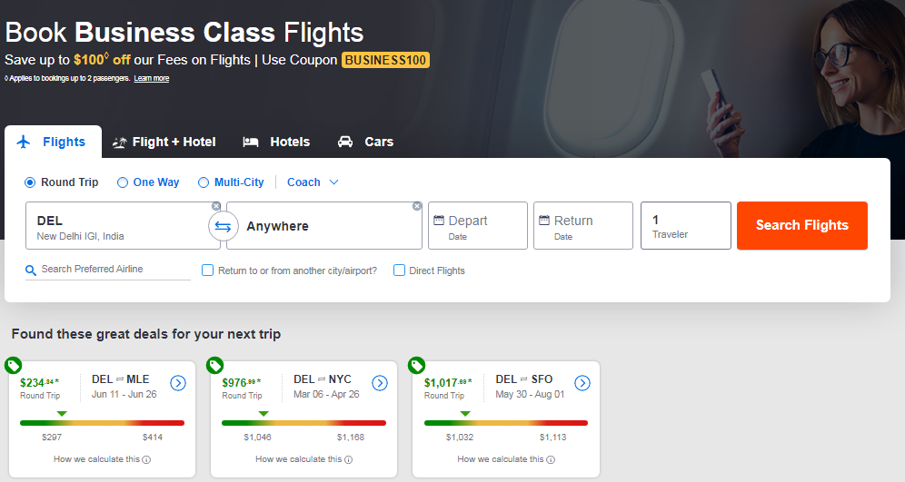 Book Business Class Flights Save up to $100â—Š off our Fees on Flights Use Coupon BUSINESS100