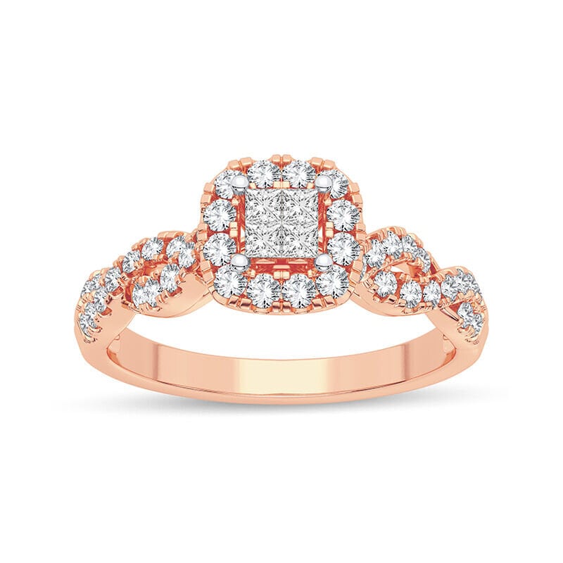 Princess-Cut Quad Diamond Twist Engagement Ring in 14k Rose Gold