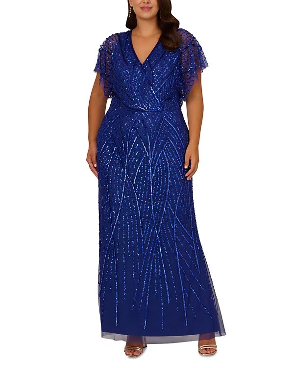 Plus Beaded Surplice Neck Gown