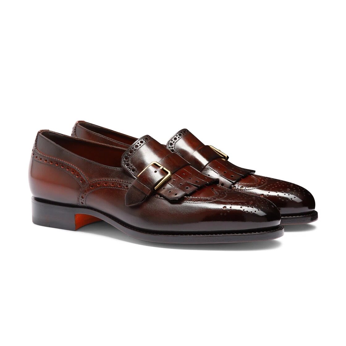 Men's Burgundy Leather Single-Buckle Loafer with Fringe