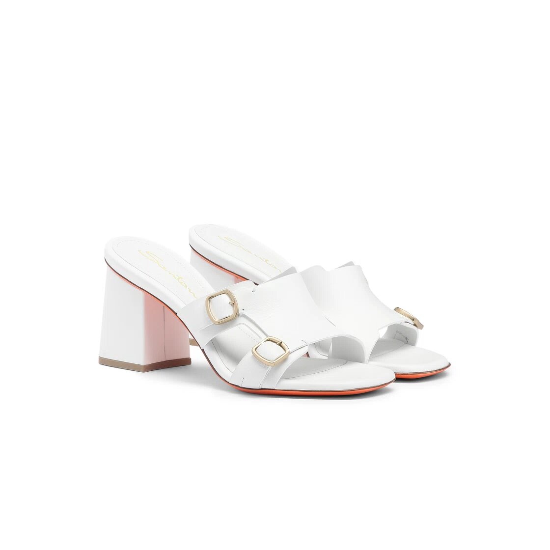 Women's White Leather Double-Buckle Mid Sandal