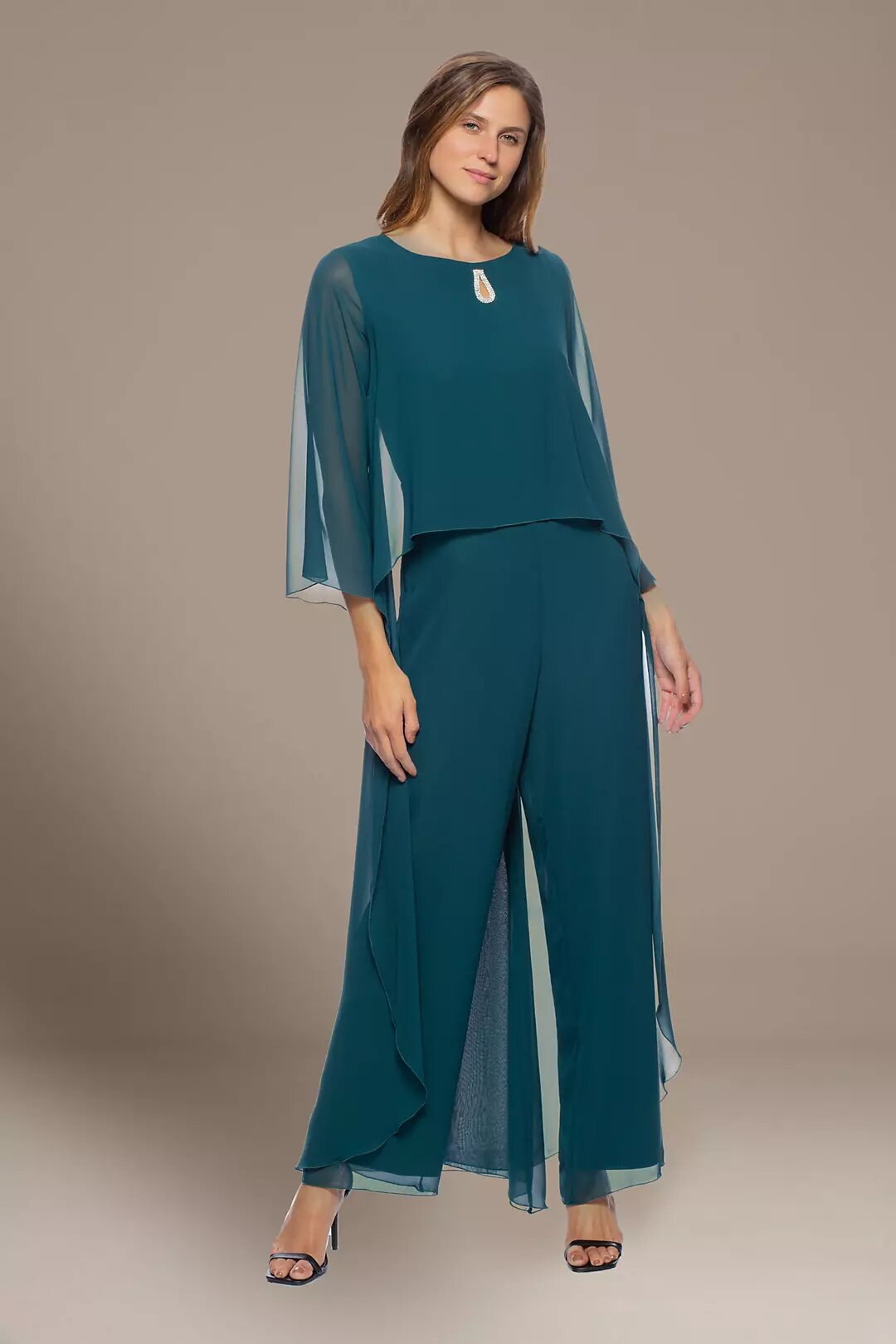 Chiffon Jumpsuit with Keyhole and Sheer Sleeves