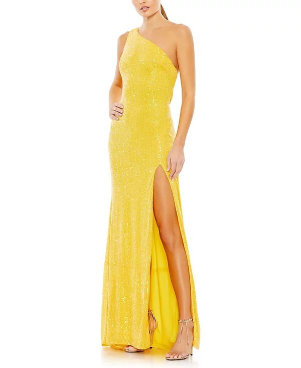 Sequined One Shoulder Draped Back Gown