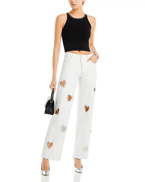 Karrie Mid Rise Embellished Heart Straight Jeans in Off White - Exclusive