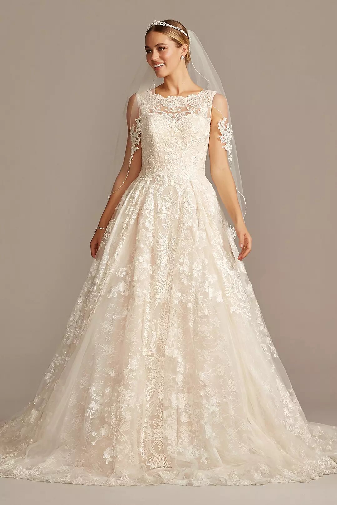 Beaded Lace Wedding Dress with Pleated Skirt