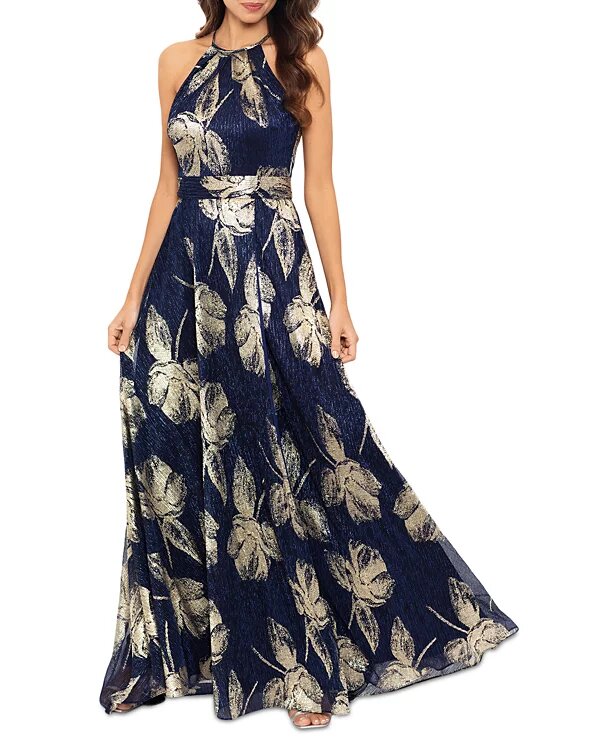 Floral Print Foil Halter Gown