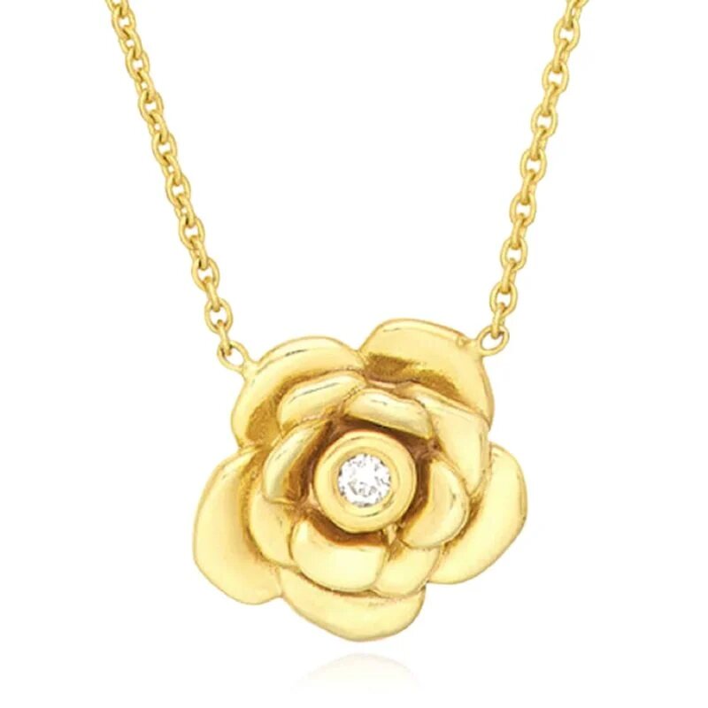 Real Diamond 14K Real Gold 3D Rose Flower Pendant Necklace 16"-18"