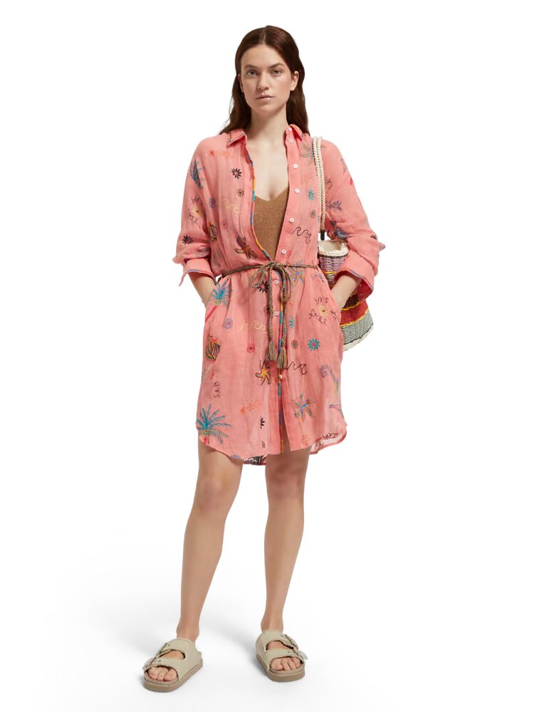 Oversized Shirt Dress With Multicolor Embroidery