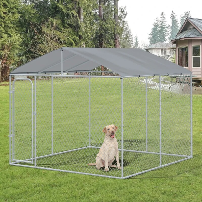 Dog Kennel Outdoor Run Fence with Roof, Steel Lock