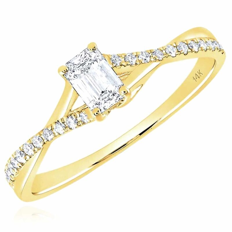 Real Diamond 14K Real Gold Yellow Emerald-Cut Solitaire Engagement Ring