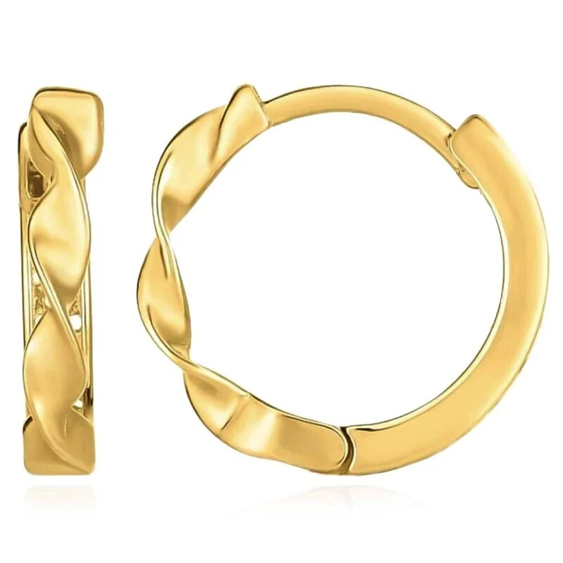 14K Real Gold Twisted Snap Huggie Hoop Earrings 14mm