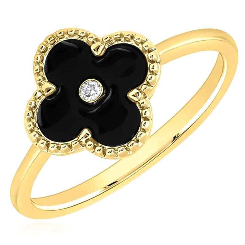 Real Diamond 10K Real Gold Black Enamel Clover Ring