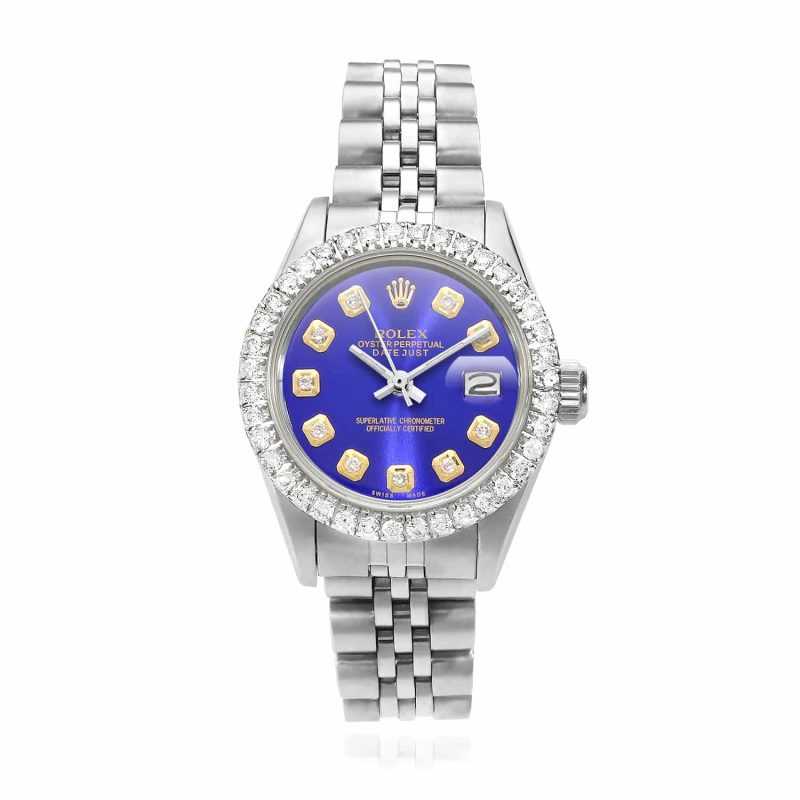 Rolex Date just Custom Jubilee Band Diamond Bezel Blue Dial 26mm Watch