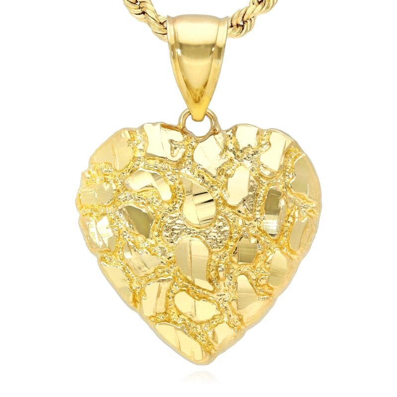 10K Yellow Gold Nugget Heart Pendant 0.7"-1.4"